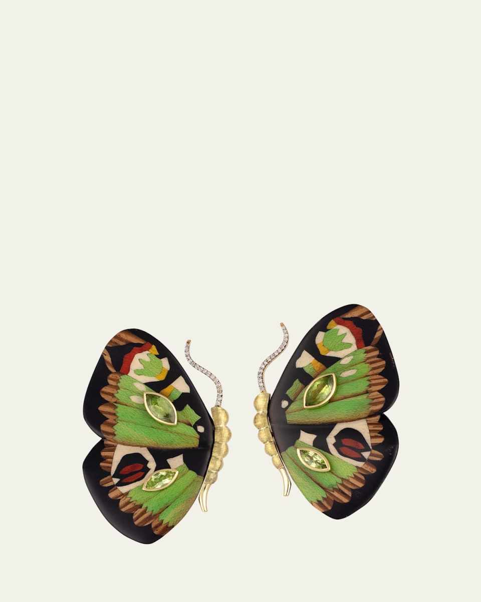 18K Yellow Gold Butterfly Wing Earrings with Green Pattern, Diamonds and Peridot